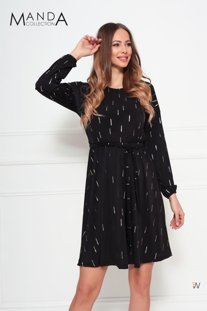 Schwarzes Kleid mit Taillengummi und Gürtel