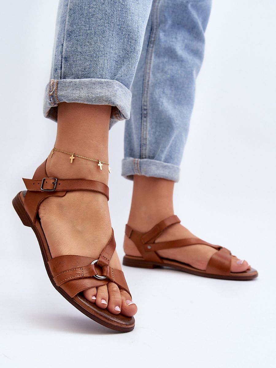 Damen-Sandalen aus Leder – Modell mit flachem Absatz