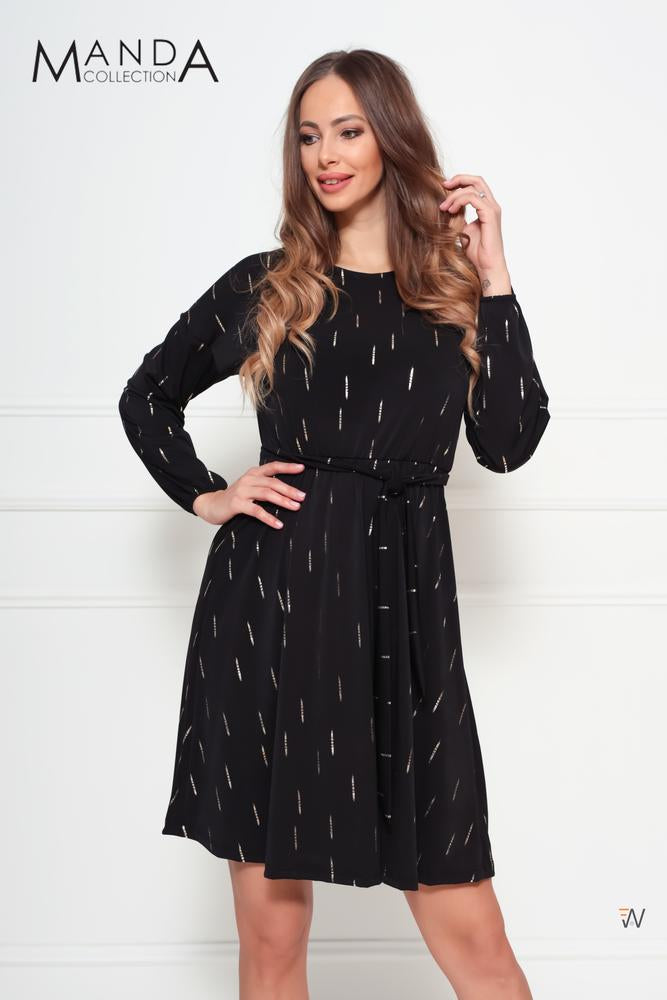 Schwarzes Kleid mit Taillengummi und Gürtel