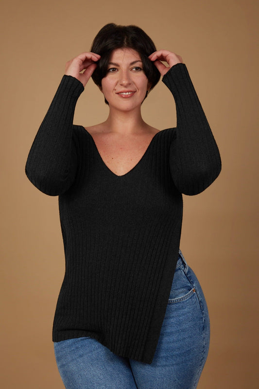 Pullover mit V-Ausschnitt und seitlichem Schlitz – Saffo-0