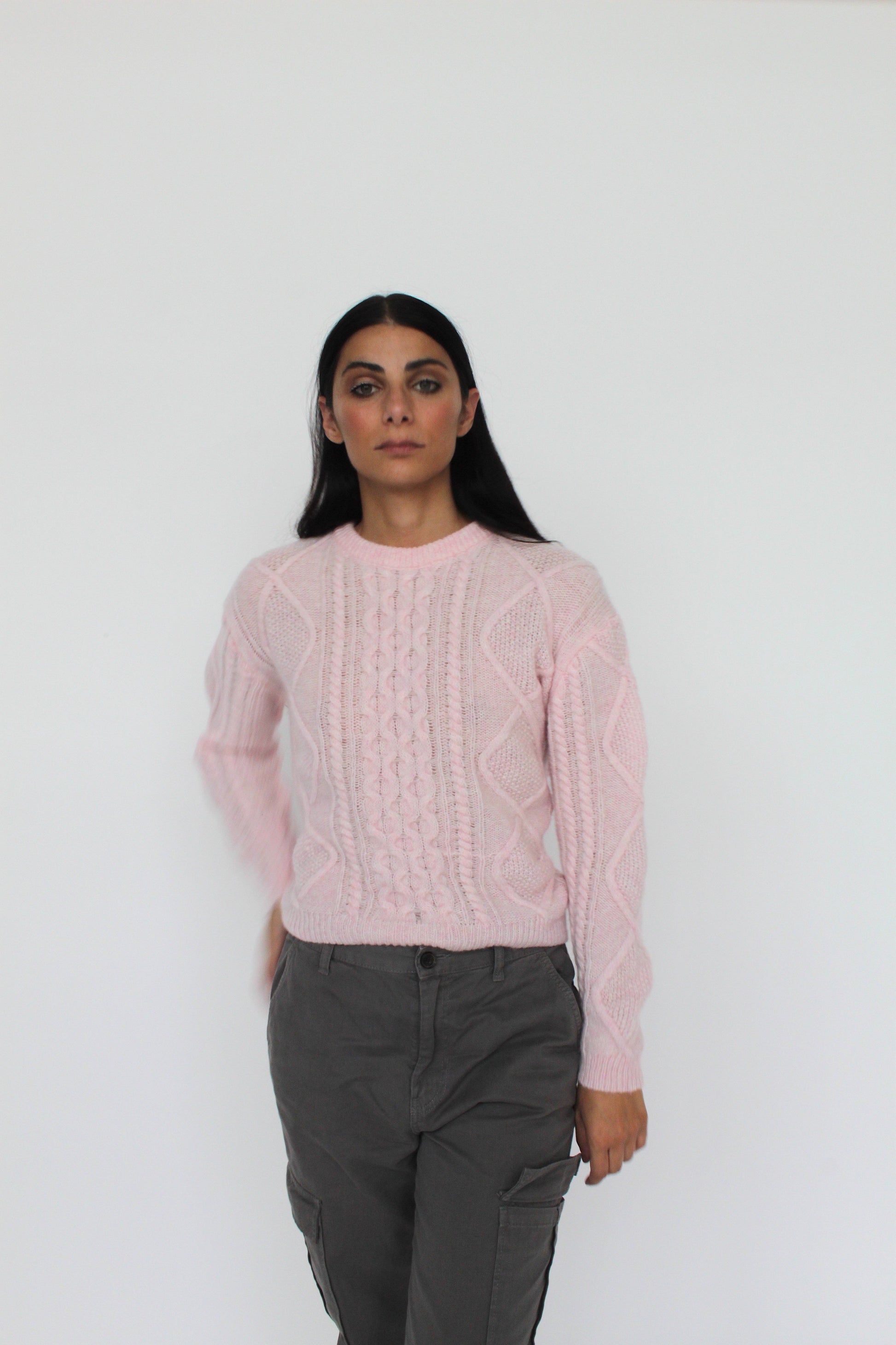 Merinowoll-Pullover mit Zopfmuster und Schleifendetail – Himmelblau-3