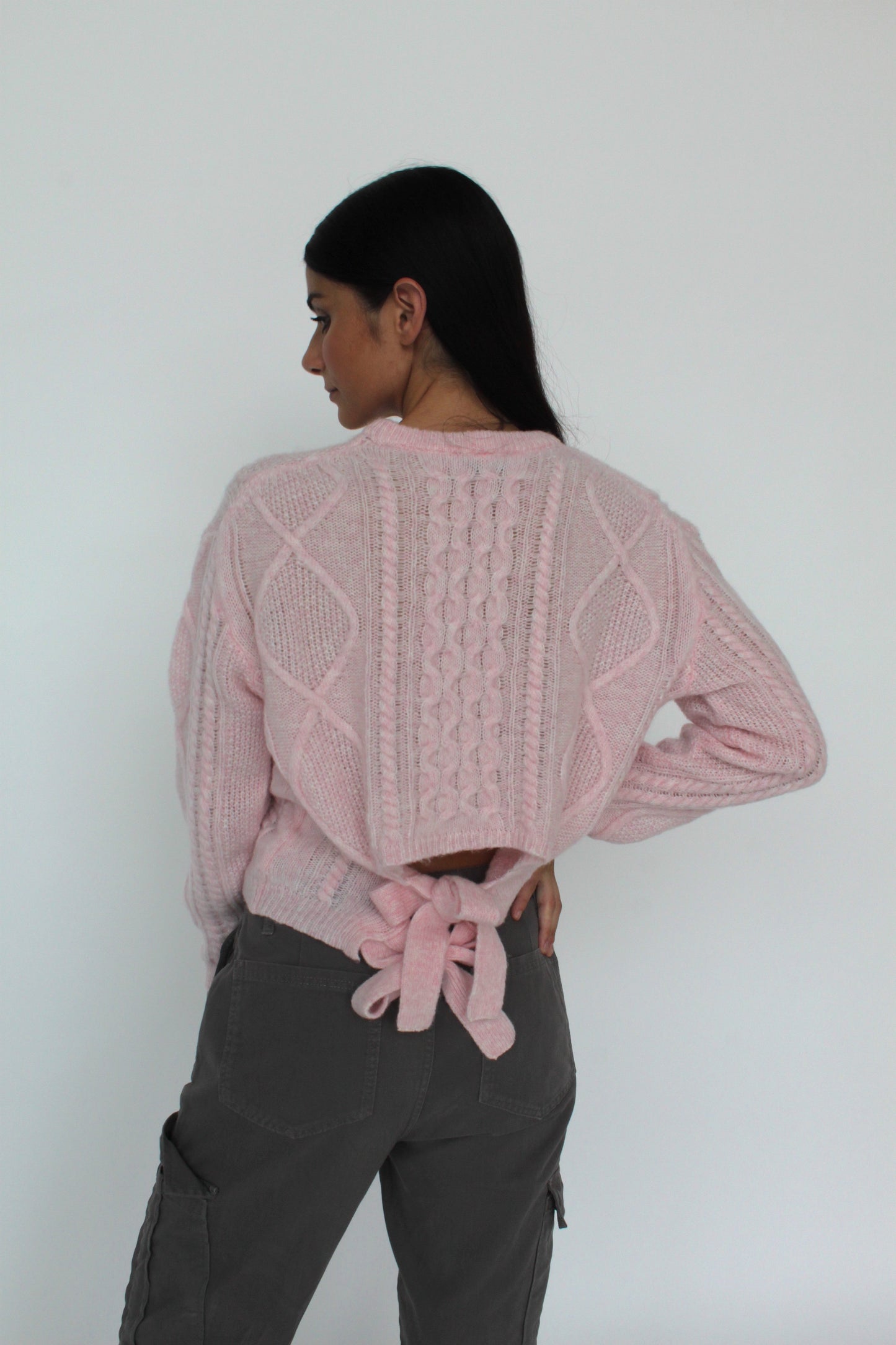 Merinowoll-Pullover mit Zopfmuster und Schleifendetail – Himmelblau-4