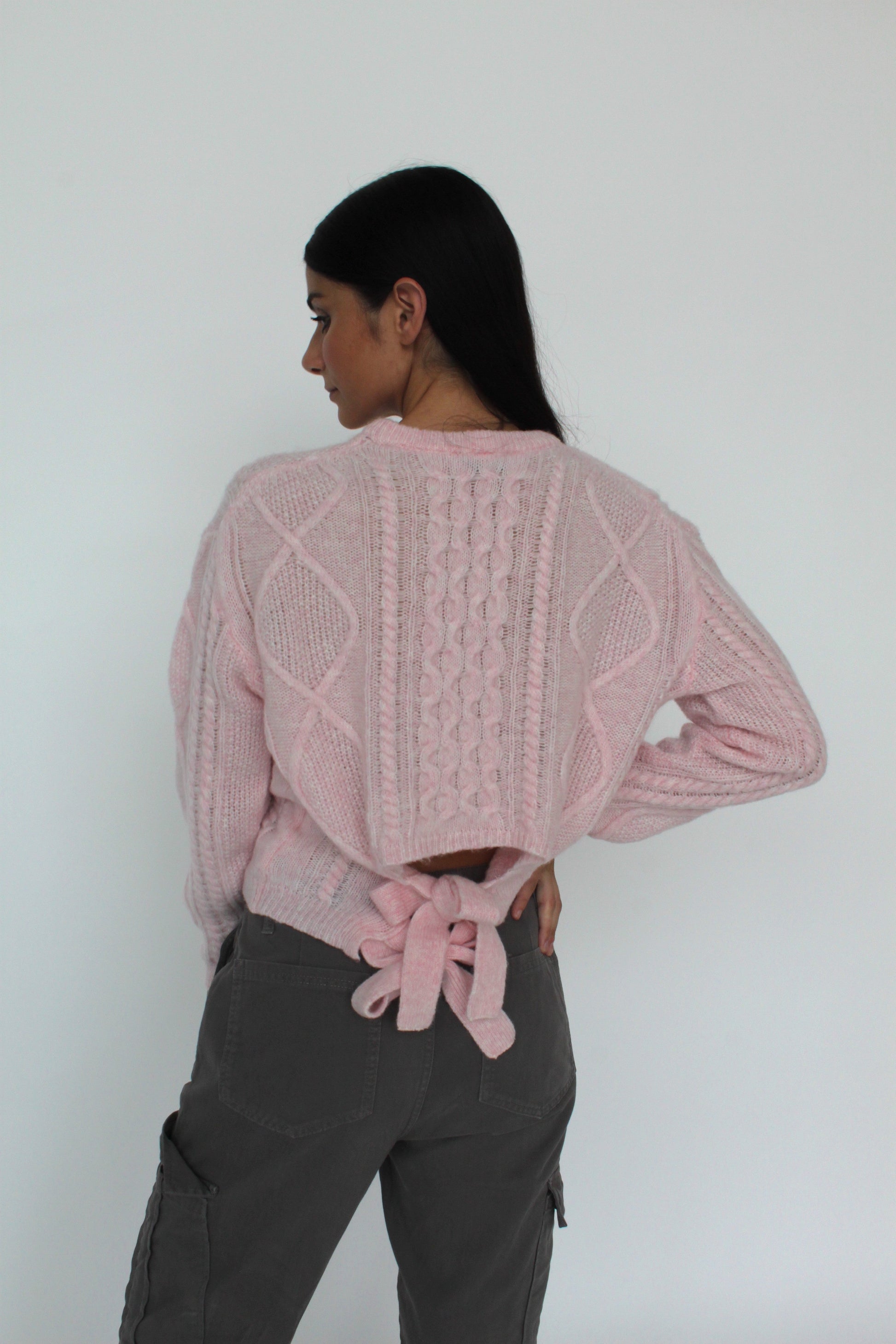 Merinowoll-Pullover mit Zopfmuster und Schleifendetail – Himmelblau-4